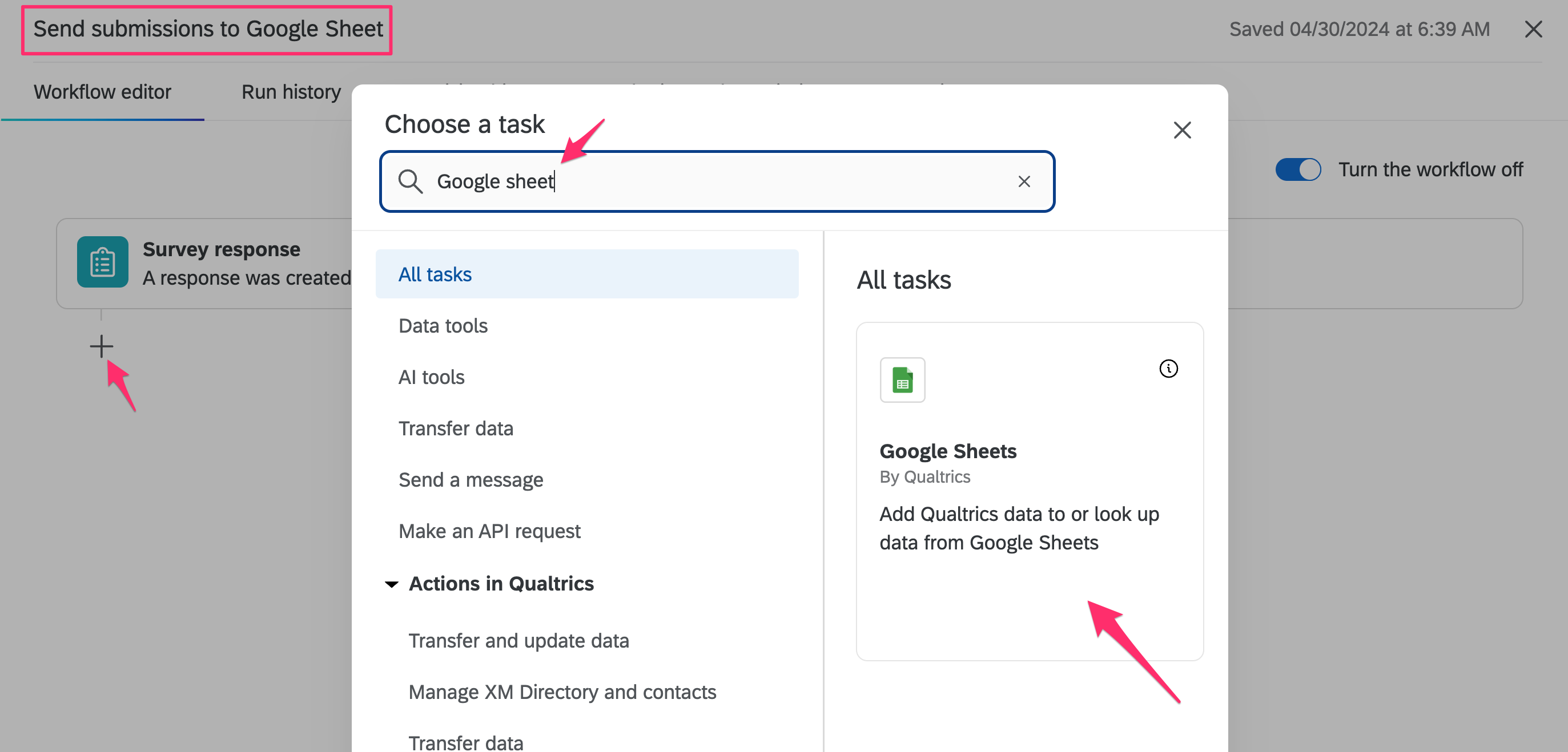 Screenshot of adding Google Sheet Task