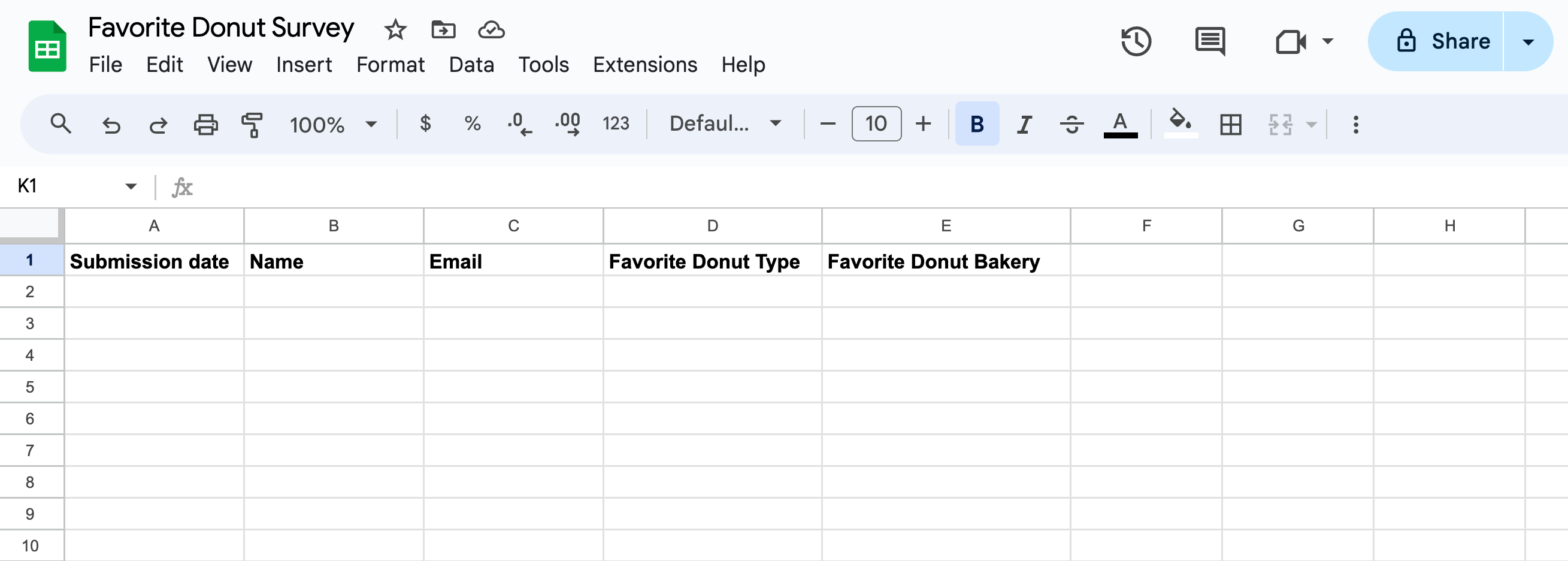 Google Sheet example with column headings
